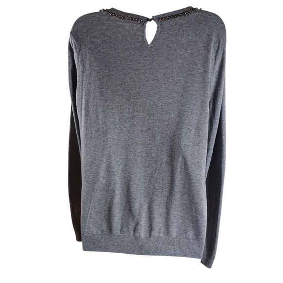 Lauren Ralph Lauren Gray Embellished Jewel Sweater L Lightweight Beaded Knit Top - Picture 5 of 8